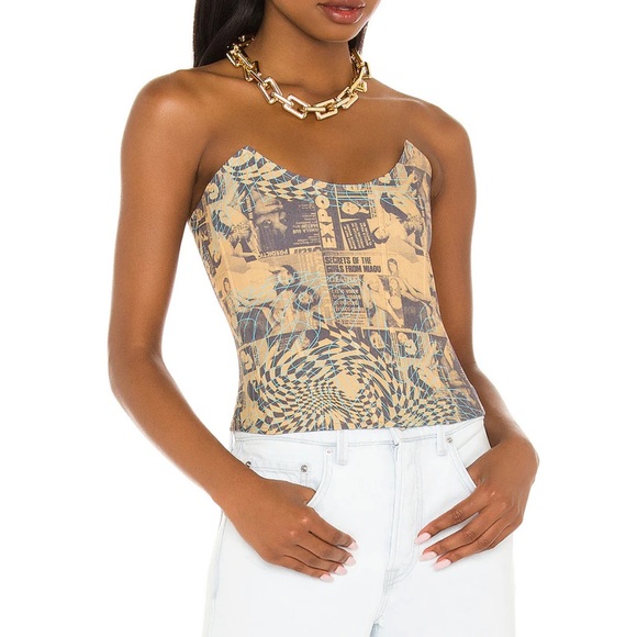 Miaou Tops - Miaou Leia Wanted Print Strapless Stretch Cotton Corset Top
MIAOU